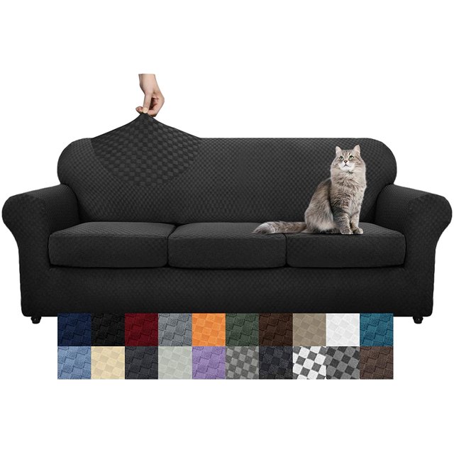Latest Checkered 4 Pieces Couch Covers for 3 Cushion Couch Extra Large High Stretch Thickened Sofa Cover for Dogs Pets Anti Slip Furniture Protector Sofa Slipcovers (XL Sofa, Black)