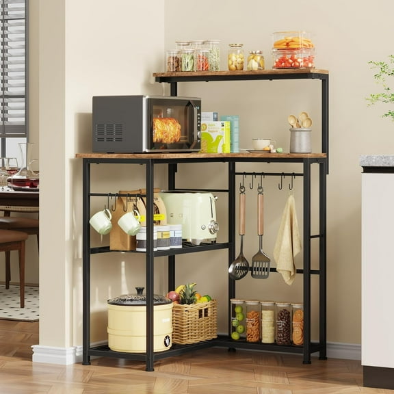 Bakers Rack with Storage, 23.6"X28.6" Desktop Corner Coffee Bar for Small Space, 4 Tiers Microwave Stand with 9 Hooks, Freestanding Kitchen Appliance Organizer for Spices, Pots, Rustic Brown