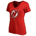 thumbnail image 2 of Women's Nico Hischier Red New Jersey Devils Authentic Stack Name & Number V-Neck T-Shirt, 2 of 3