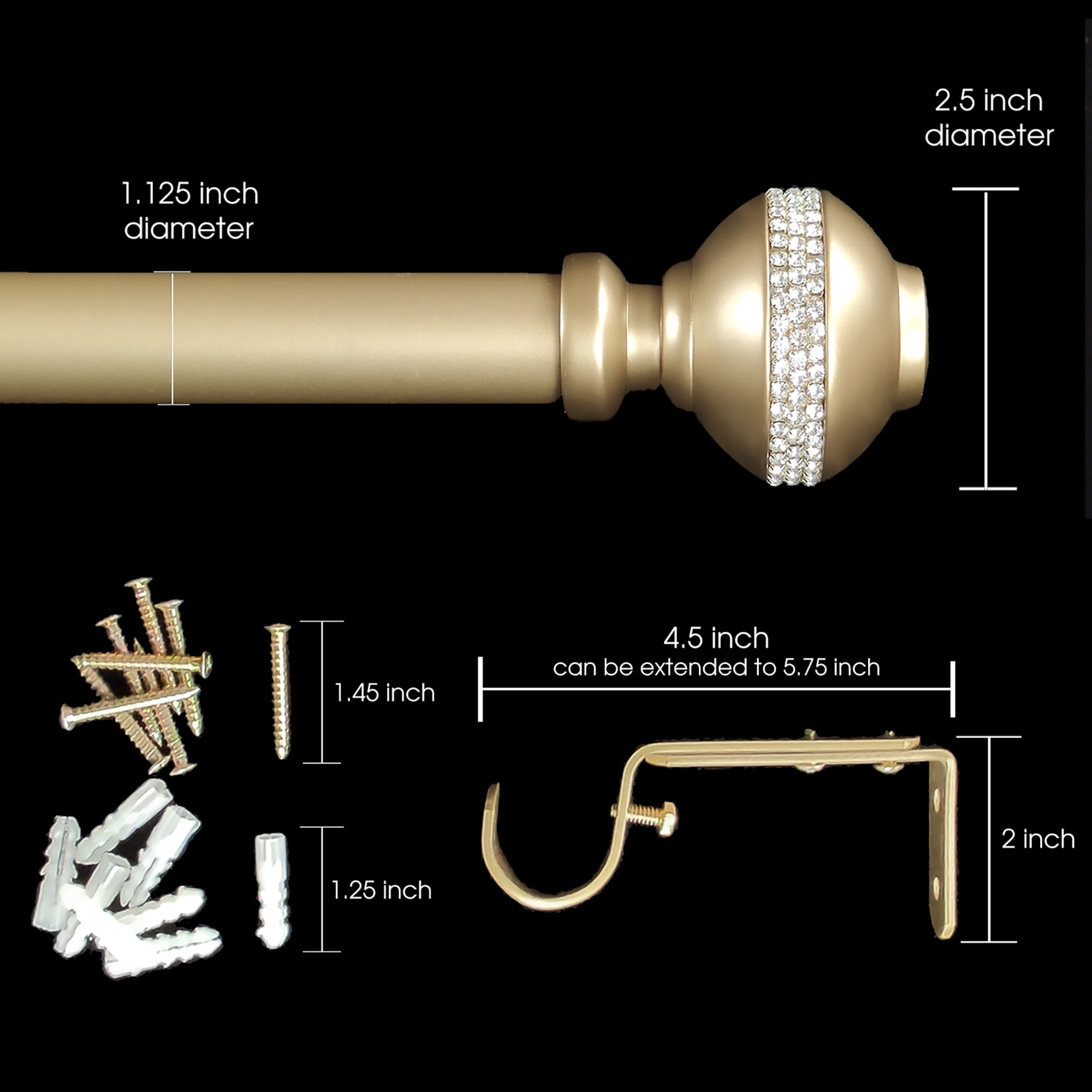 SKYPLUS LIVING Single Window Curtain Rod with Rhinestone Finials, Adjustable 36-72 Inches, Gold
