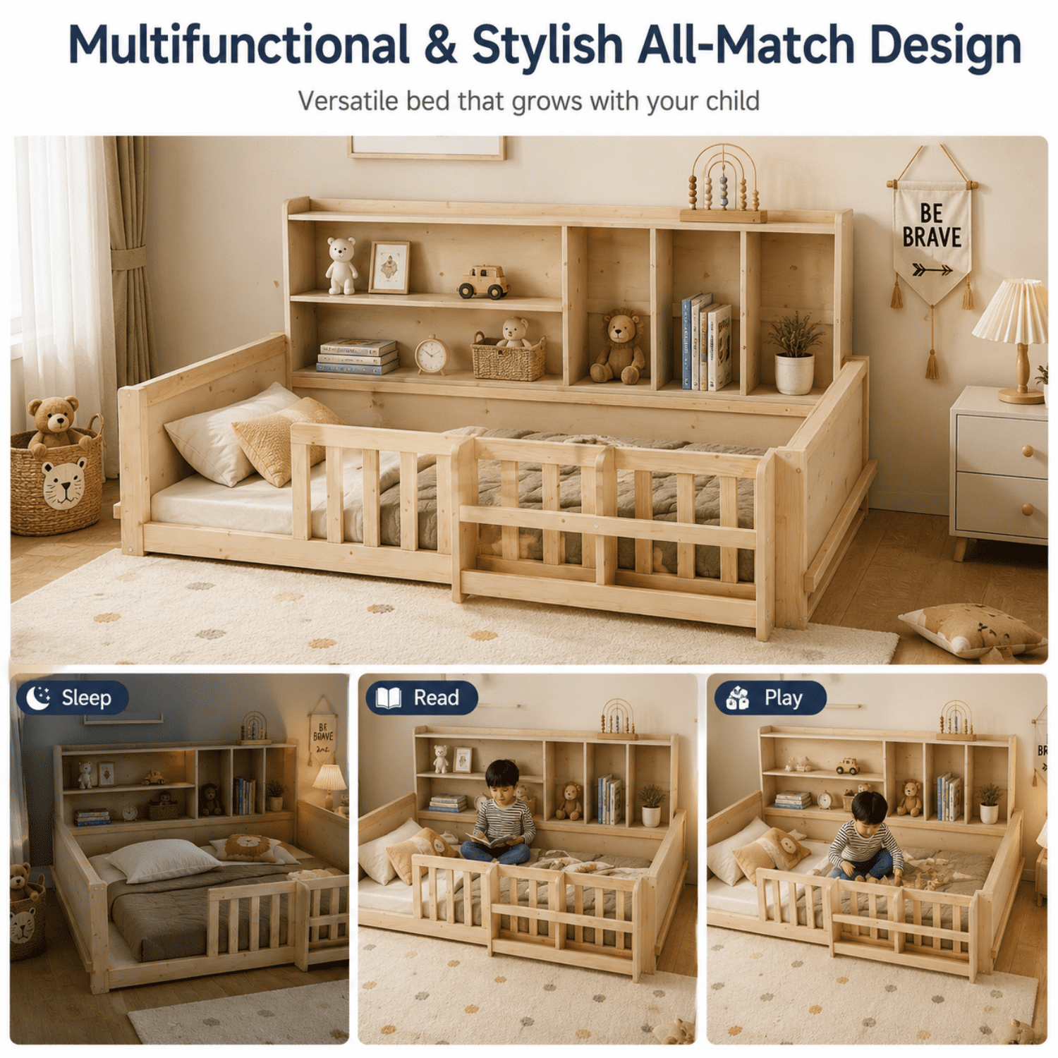 Miniyam Twin Size Floor Bed, Kids Wood Bed Frame with Guardrails, Side Bookshelf, Natural