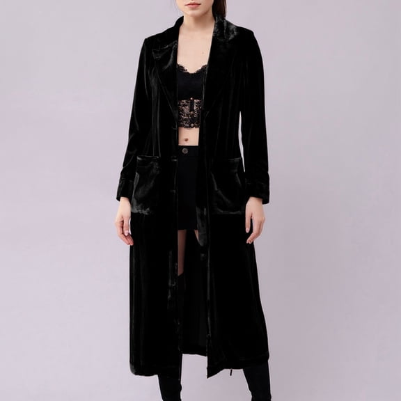Women's Fashionable Casual Solid Color Long-sleeved Velvet Trench Coat Black L