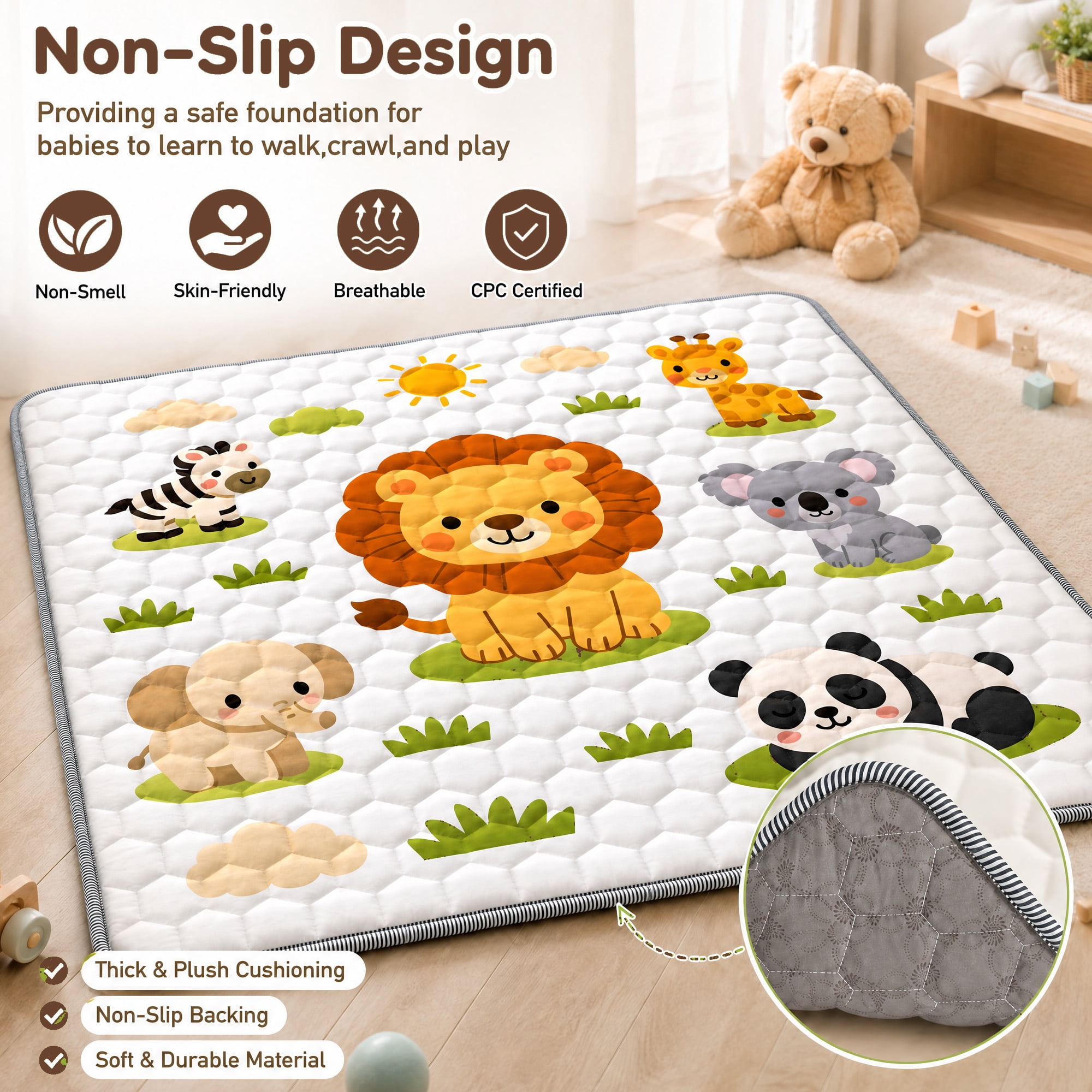 BEAUTYPEAK Baby Play Mat, 50"x50" Mat Perfect for Use Baby Playpen,Non-Slip Foldable Mat for Toddlers and Babies