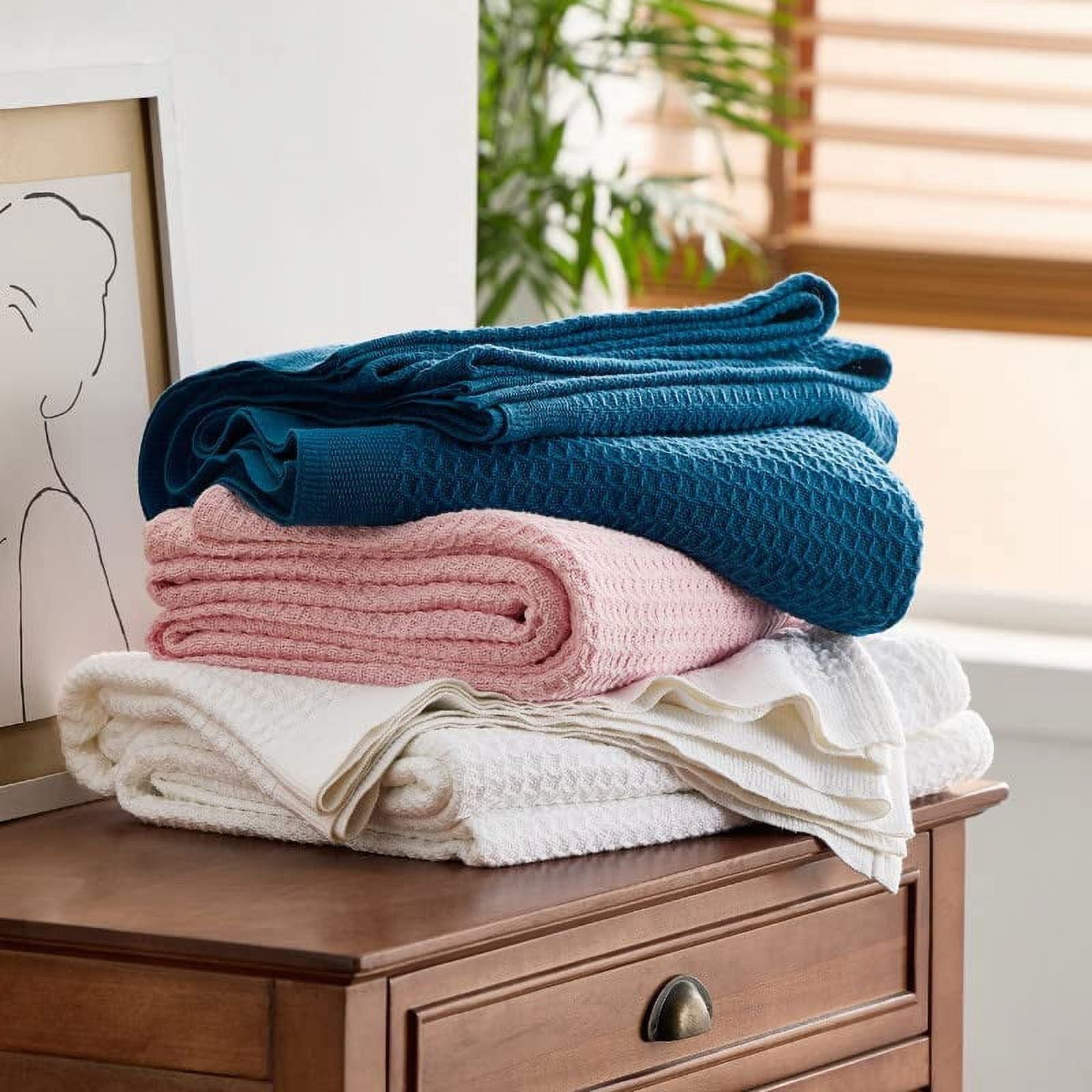 Cozy Comfort 100% Cotton Blankets Queen White - Waffle Weave Blankets for All Seasons, 90x90 inches