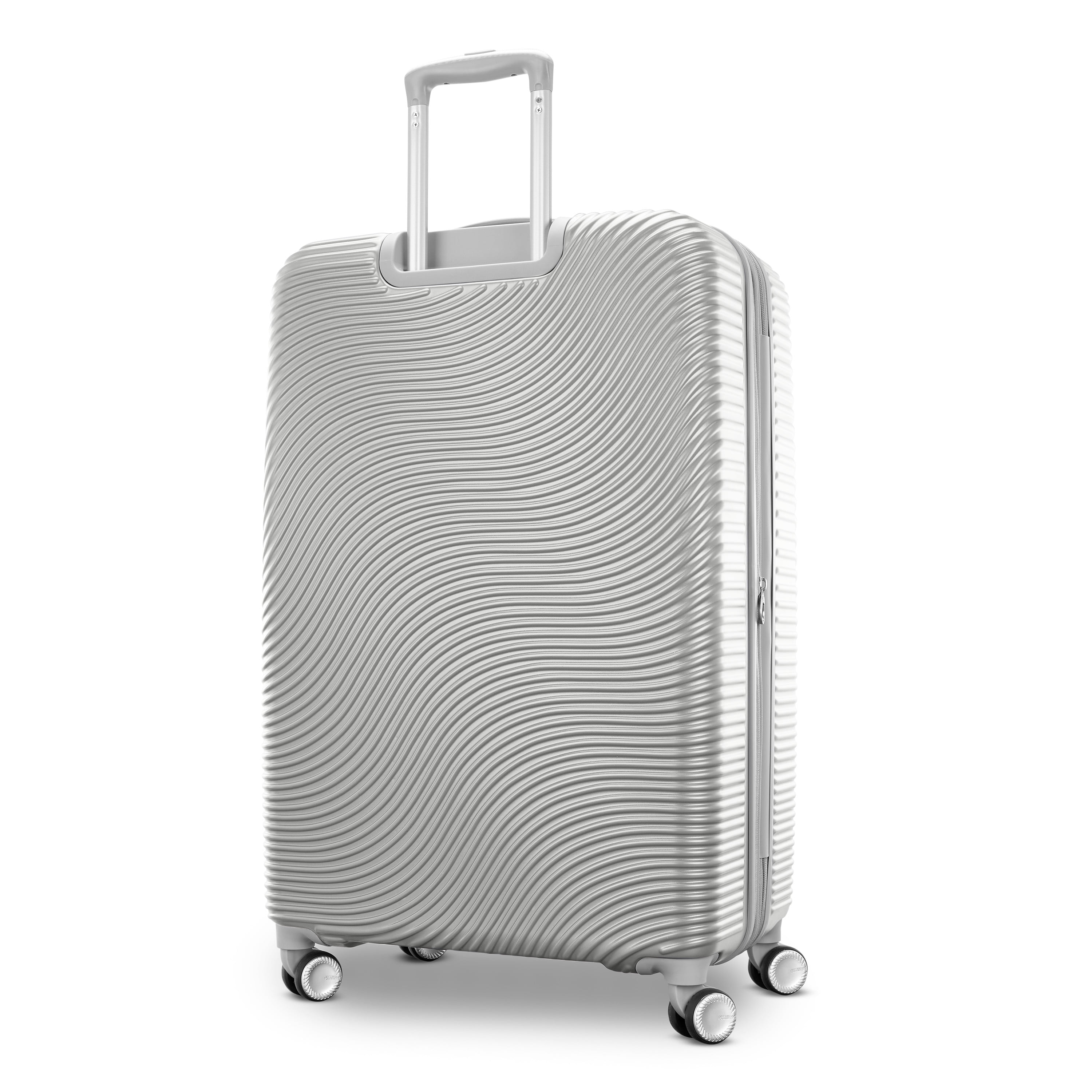 American Tourister Color Waves Large Checked Expandable Luggage Suitcase with Spinner Wheels, Silver