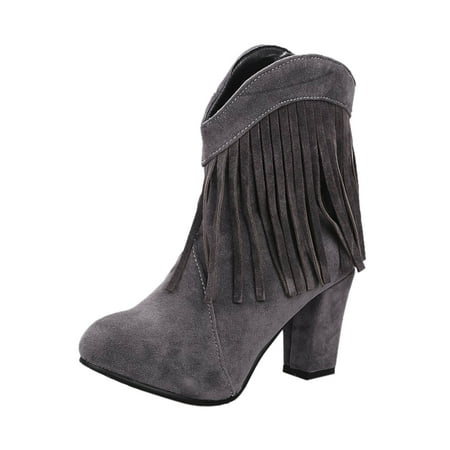 

iOPQO Women s Ankle Boots Women s Fashion Fringe Boots Solid Color Frosted Thick High Heel Ankle Boots tassel boots solid color Grey 41