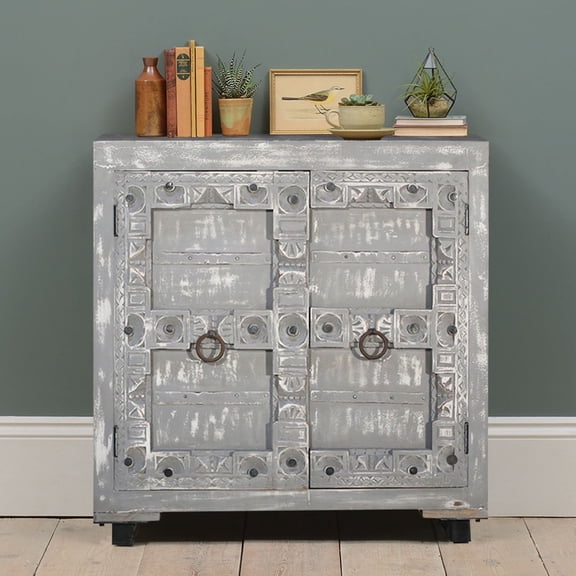 Distressed Gray 36" Tall Storage Cabinet With 2 Doors | Solid Wood Small Chest | Hand Carved Small Sideboard | Credenza With Metal Accent