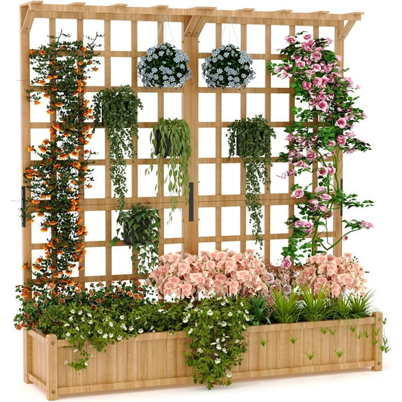2-Tier Wooden Planter Box with Trellis for Outdoor Gardens, Elevated Raised Bed for Flowers and Vegetables, 1.4Ft Deep Planter with Hanging Roof & Drainage Holes