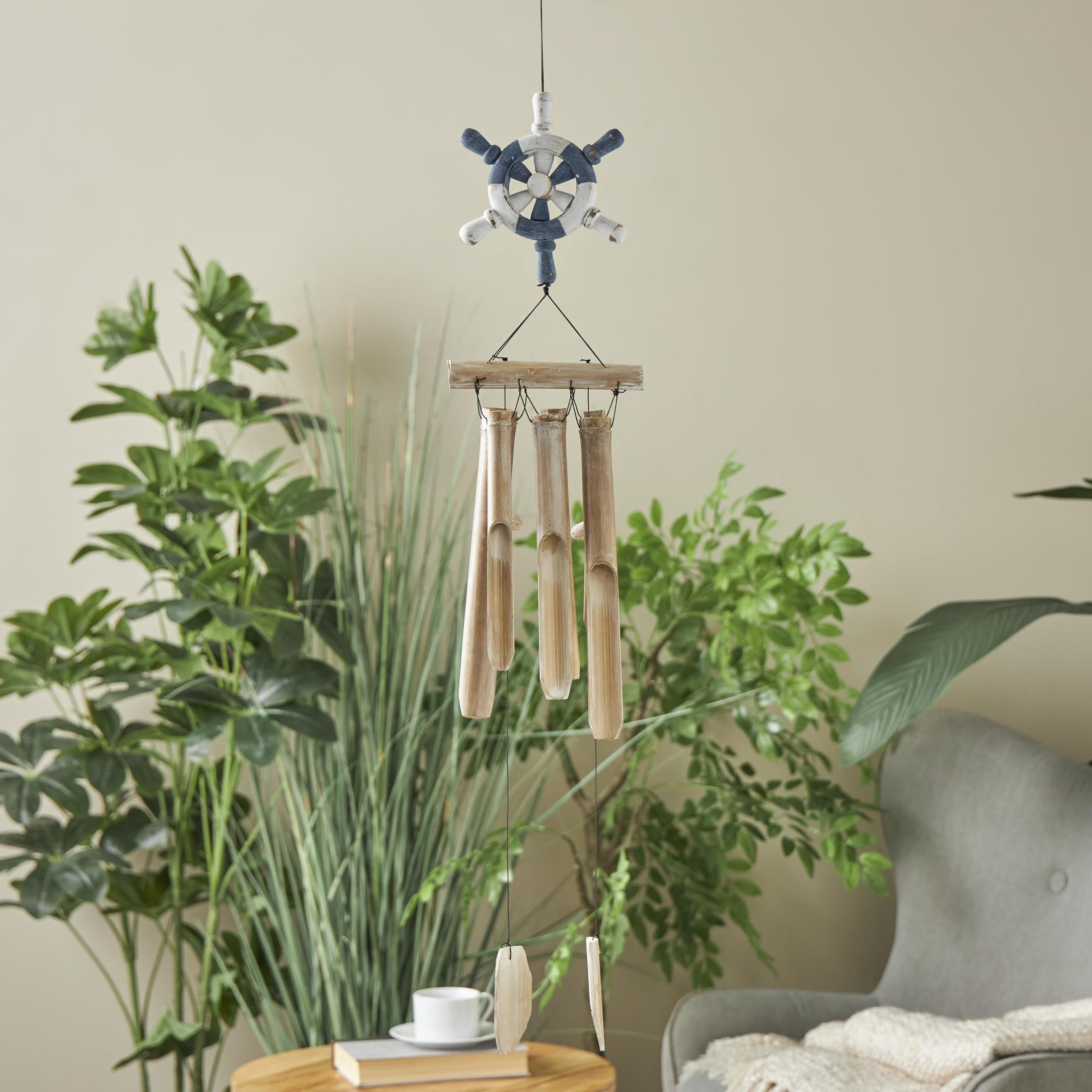 DecMode 36" Blue Bamboo Wood Handmade Ship Wheel Windchime with Log Chimes