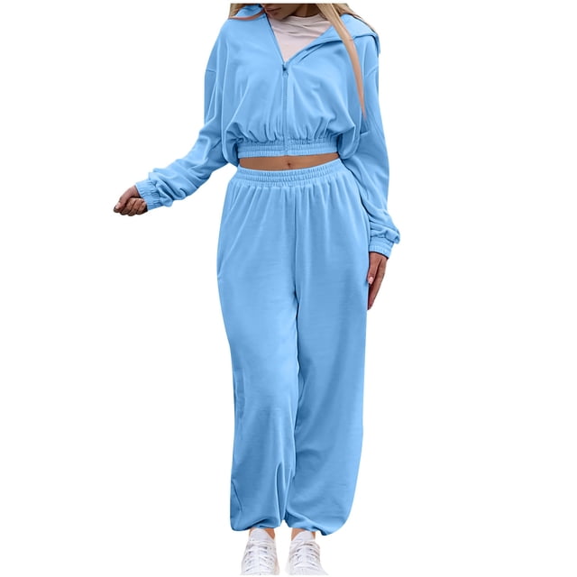 MeetoTime Womens Fall 2 Piece Outfits Tracksuit Set Zip Up Cropped Hooded Sweatshirt Sweatpants Matching Lounge Sets