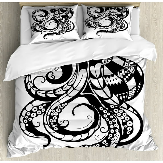 Octopus Duvet Cover Set Queen Size, Ornamental Description of a Sea Animal in Monochrome Style Art Print, Decorative 3 Piece Bedding Set with 2 Pillow Shams, White and Charcoal Grey, by Ambesonne