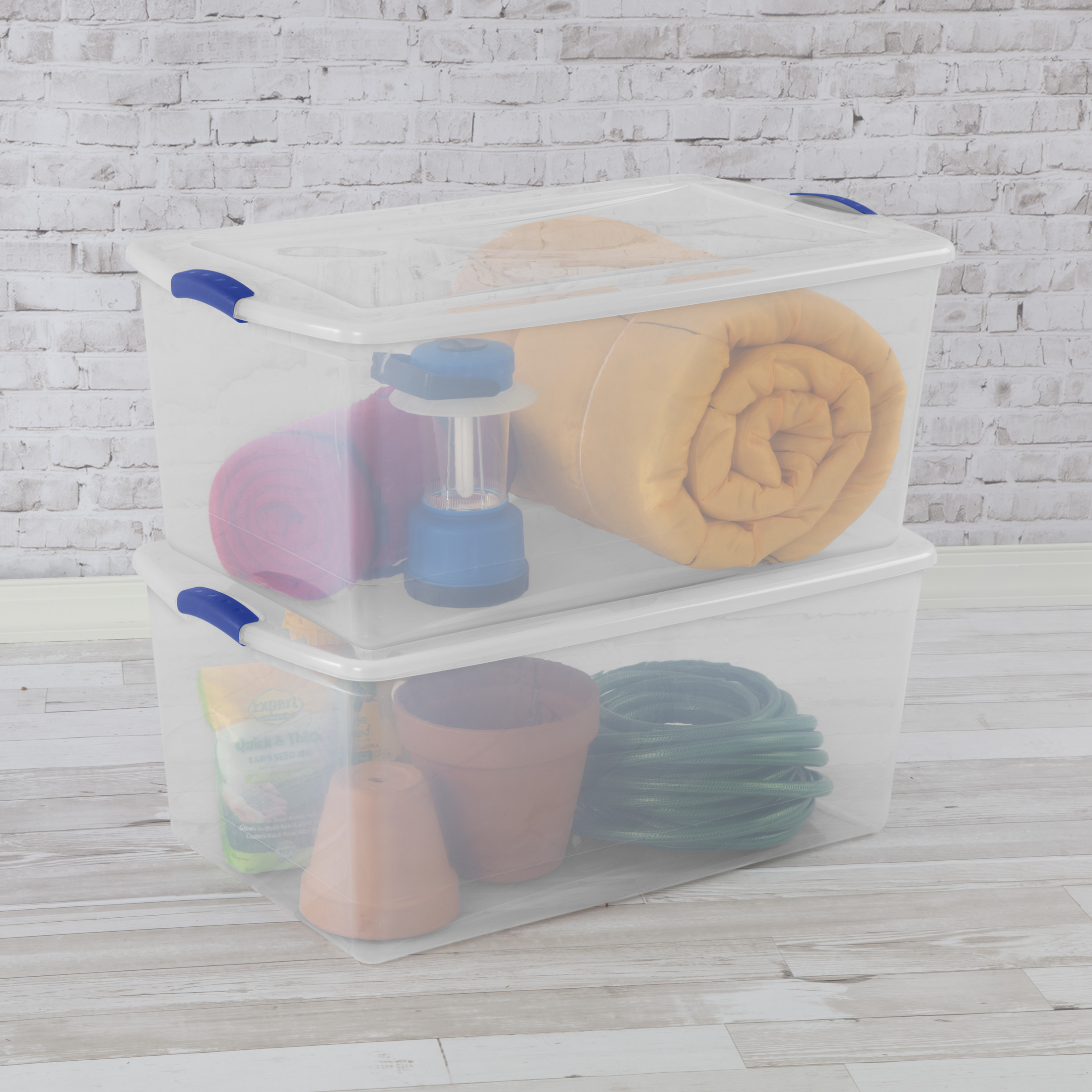 Sterilite 105-Quart Latching Storage Bin, Clear with Blue Handles photo 3