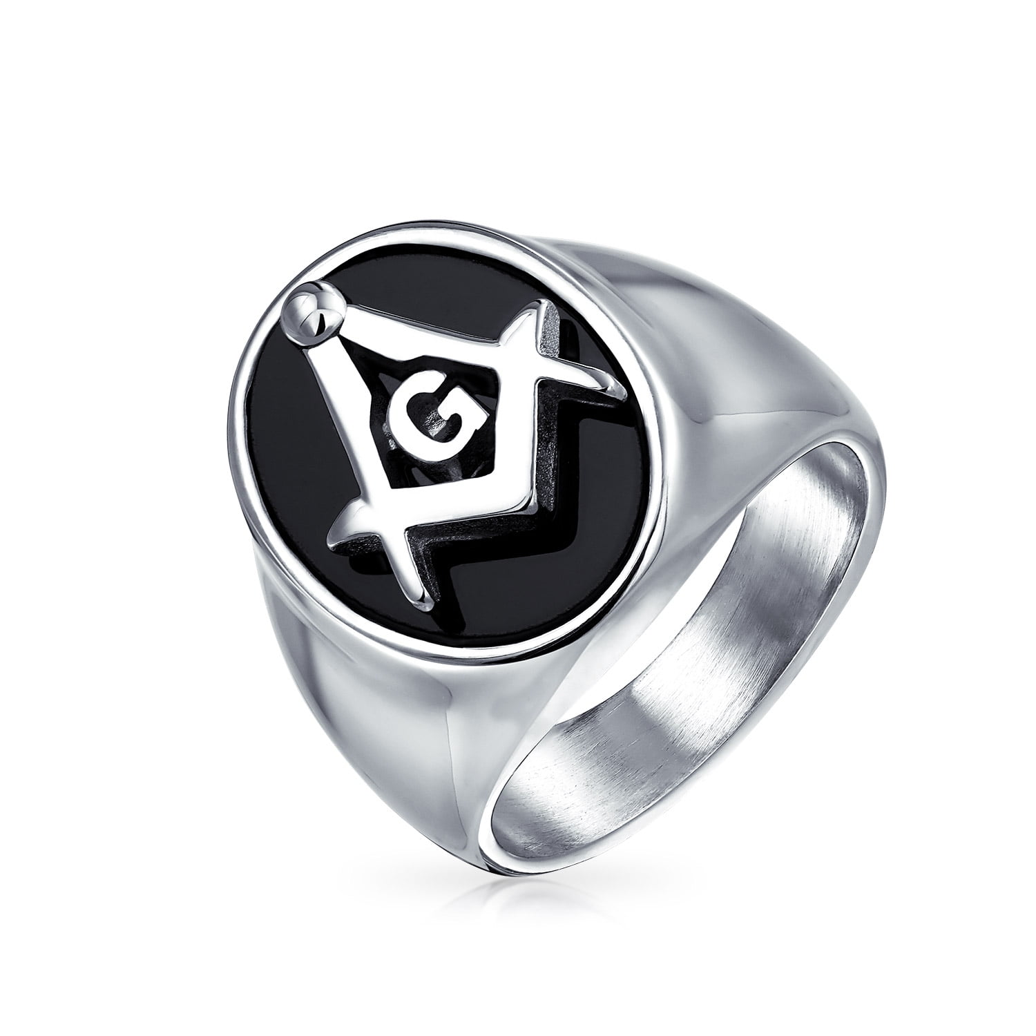 90008 STAINLESS STEEL MENS MASON SYMBOL BLACK STRIPED ENAMEL DESIGN SIGNET  RING - Gemelli Jewelers