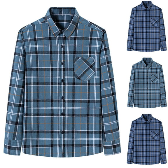 ZRGHAOYLQ Blue Plaid Shirt Big and Tall Long Sleeve Shirts for Men Lightweight Turndown Collar Button Down Shirt Jacket with Pocket