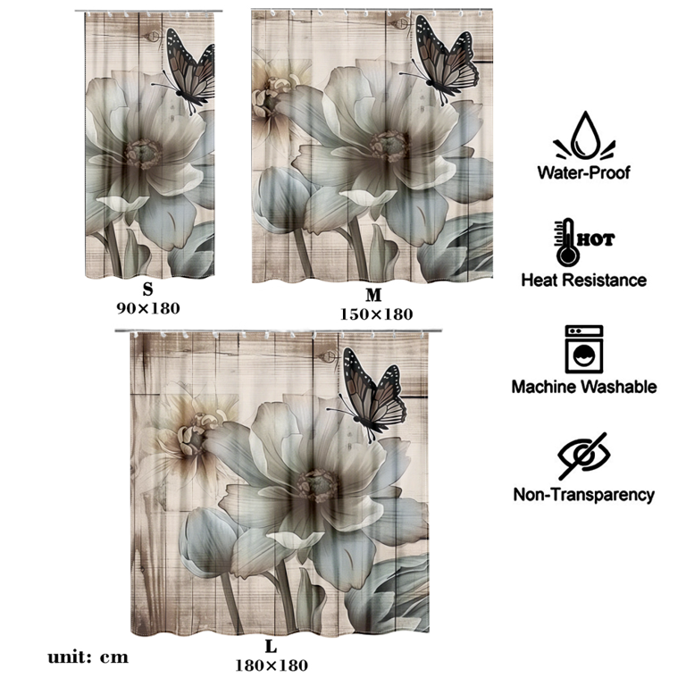 Fraigo Rustic Farmhouse Shower Curtain, Butterfly Gray Flower Wood