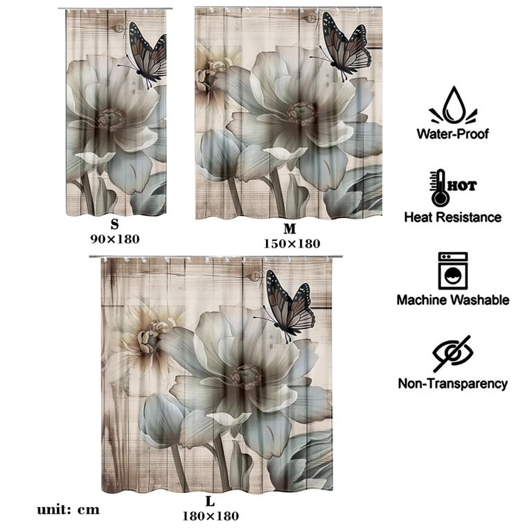 Fraigo Rustic Farmhouse Shower Curtain, Butterfly Gray Flower Wood Chic  French Country Bathroom Curtain Decor Waterproof Fabric Shower Curtain with  12