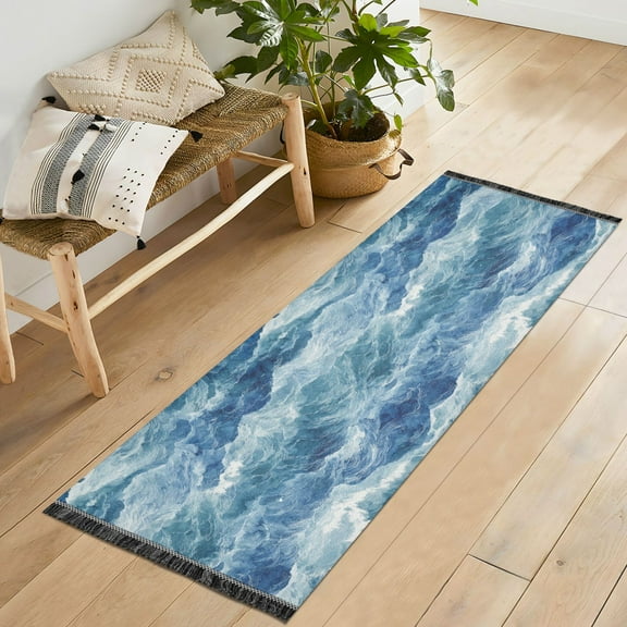 Yayeee Runner Rug for Bedroom 2'x6' Machine Washable Hallway Non Slip Mat, Blue Watercolor Ocean Waves