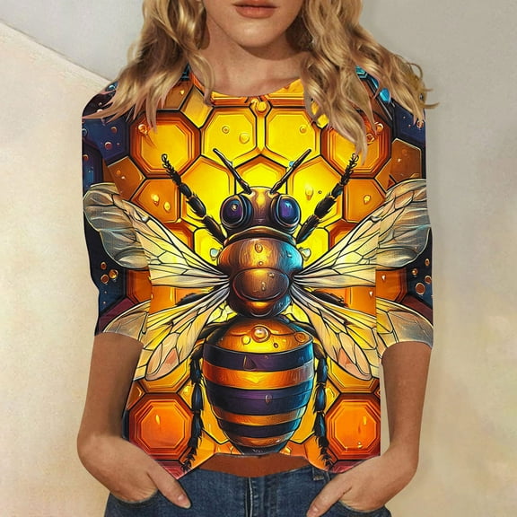 BLTIBY Bee Shirts for Women 3/4 Length Sleeve Tunic Tops Funny Cute Bee Graphic Tee Blouse Summer Casual Tshirt Ladies Gifts Pullover Tops 2025 Yellow XXL