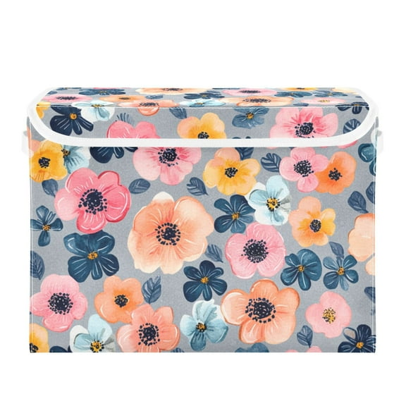 Pastel Flowers Large Storage Bins with Linen Collapsible Lid Storage Box 16.7 x 12.6 x 11.8in