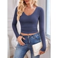 thumbnail image 6 of Long Sleeve Shirts for Women Fall Fashion V Neck Basics Crop Tops Slim Fitted Y2K Tops Outfits Clothes Blue M, 6 of 9