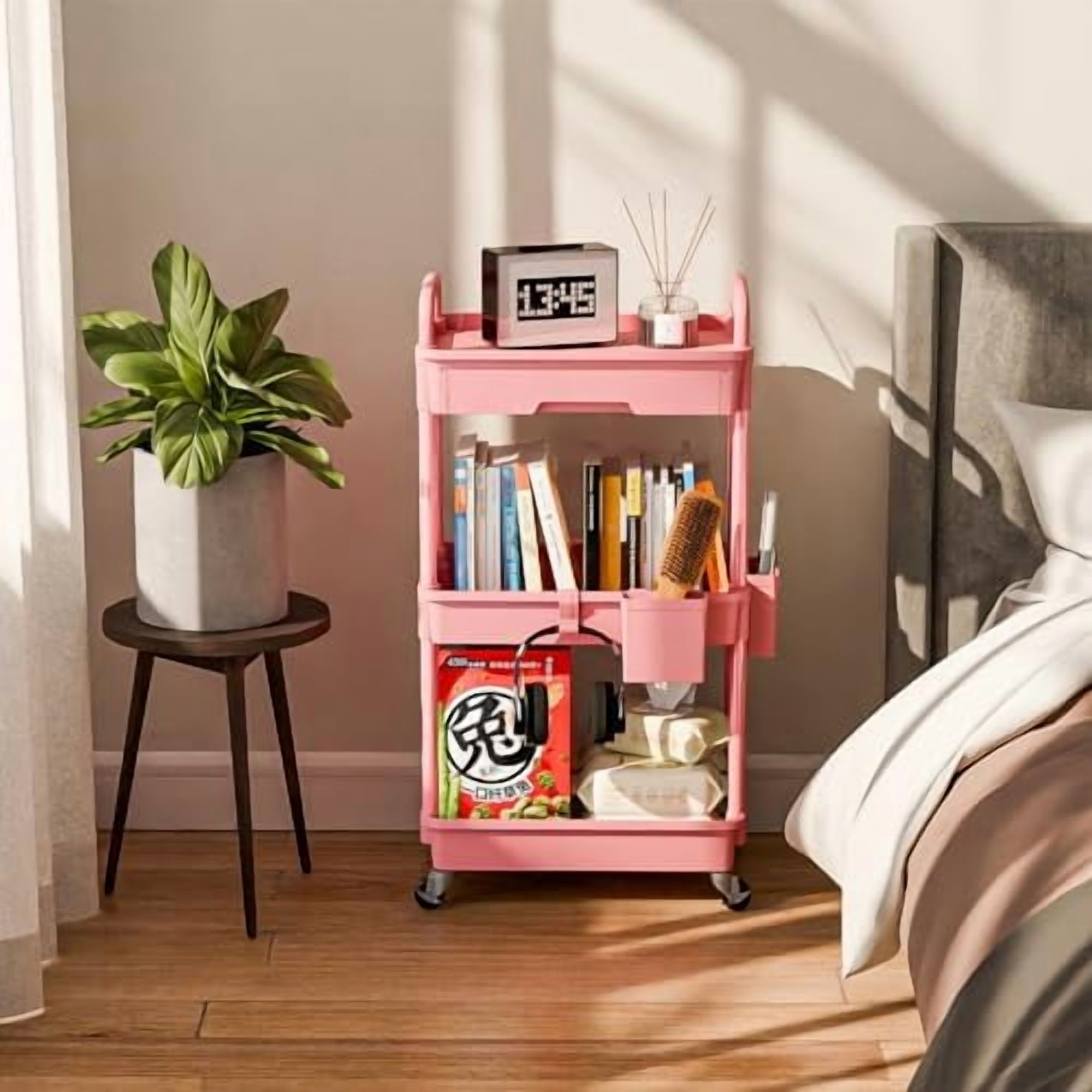 3 Tier Rolling Cart Organizer,Laundry Room Bathroom Organizers and Storage Office Shelves Mobile Shelving Unit Kitchen Trolley Cart with Wheels for Art,Craft,Diaper,Bedside,Snack(Pink)