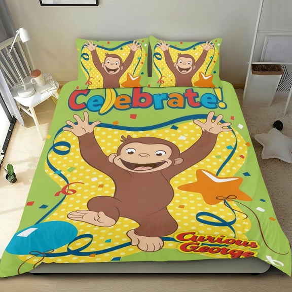 3 Piece Comforter Cover Set For Curious George Bedding Set Cute Duvet Cover Sets Super Soft Teens Bedding Set Kids Bedroom Gifts,1 Duvet Cover with 2 Pillowcases Twin