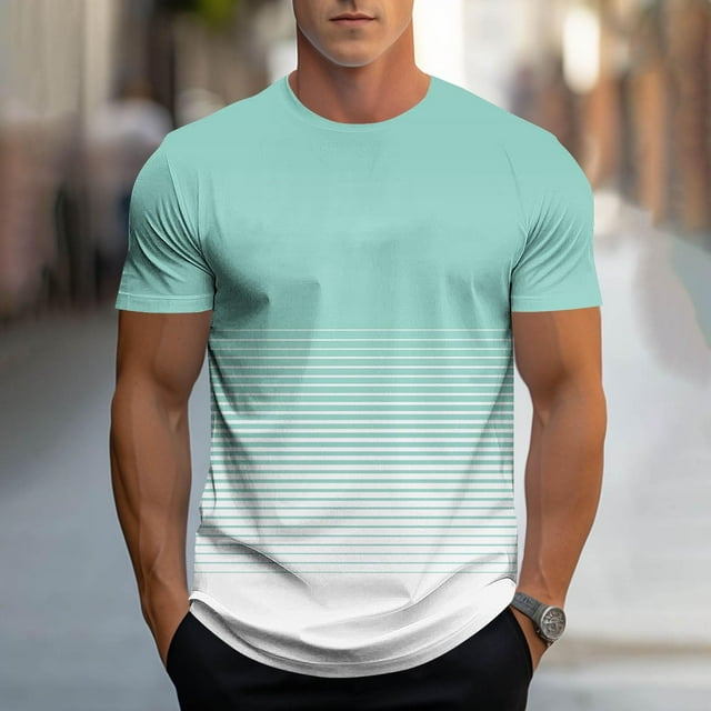 Tops para hombre, blusas y camisas de manga corta con cuello redondo para hombre, camiseta deportiva informal con estampado de rayas degradadas a la moda para hombre, blusa de poliéster de manga corta