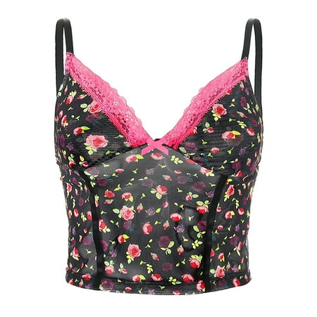 Lace Patchwork V Neck Party Tank Tops Female Sweet Fashion Elegant Chic Floral Print Spaghetti Strap Camisole Sexy Backless Bow Mesh Vest Crop Tops