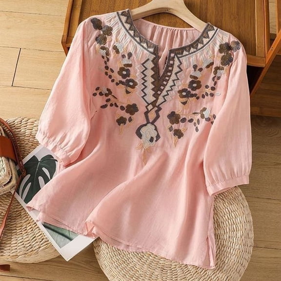 MNCEKFOD Embroidery Slimming Tops Women 3/4 Sleeve Linen V Neck Breathable For Summer Commute And Leisure Wear Everyday Tops Pink