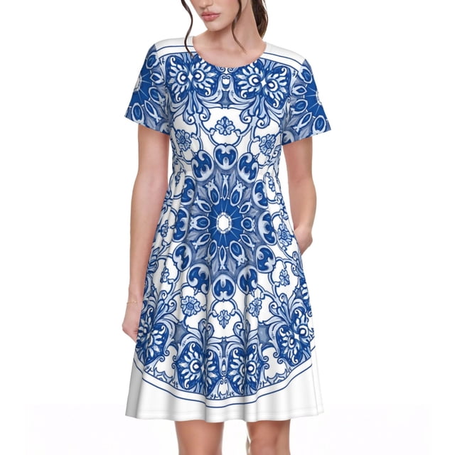 Balery Blue Watercolor Vestidos sueltos de manga corta para mujer, vestidos de verano 2025, vestidos casuales de corte A con vuelo.