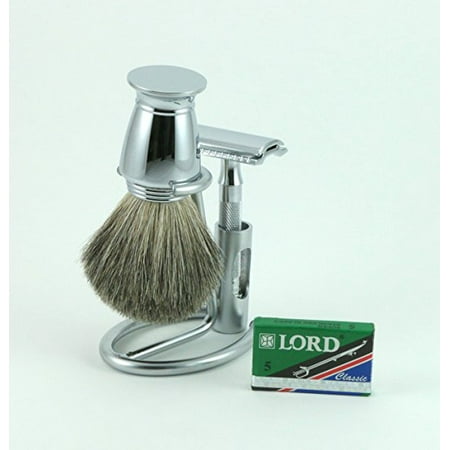 Blade Free Stand 3 Piece Shaving Set Merkur 33c (33001) Razor, Pure Badger Chrome Brush and Chrome Compact Brush and Razor Stand Comes with Free 5 Pack of De Blades ()