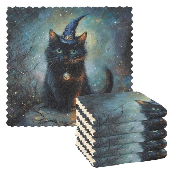 6 Pieces of Kitchen Towels 11x11Inch Kitchen Dish Cloths Kitchen Dish Towels Reuseable Cleaning Cloths Cute Magic Cat