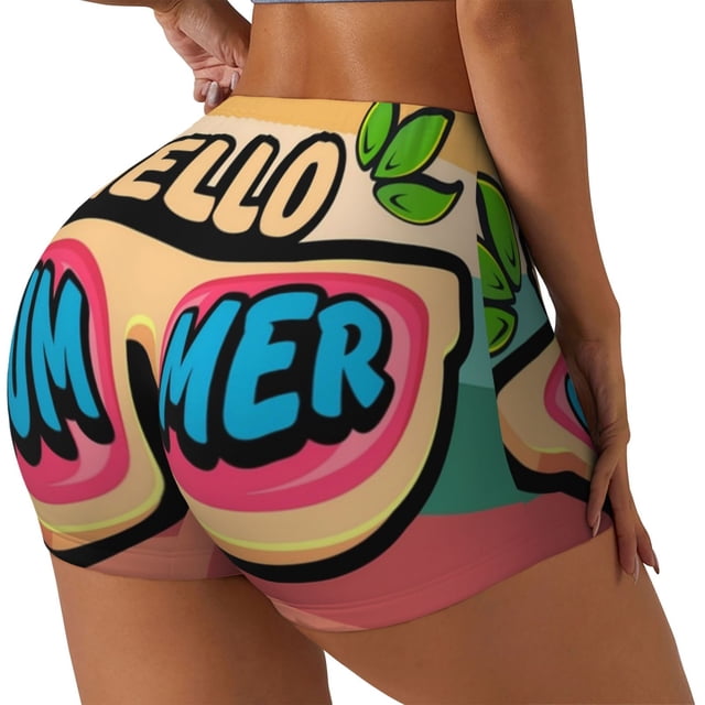 KLL Hello Summer Pattern Workout Shorts for Women Scrunch Short Gym Yoga Running Sport Active Exercise Fitness Shorts-Small