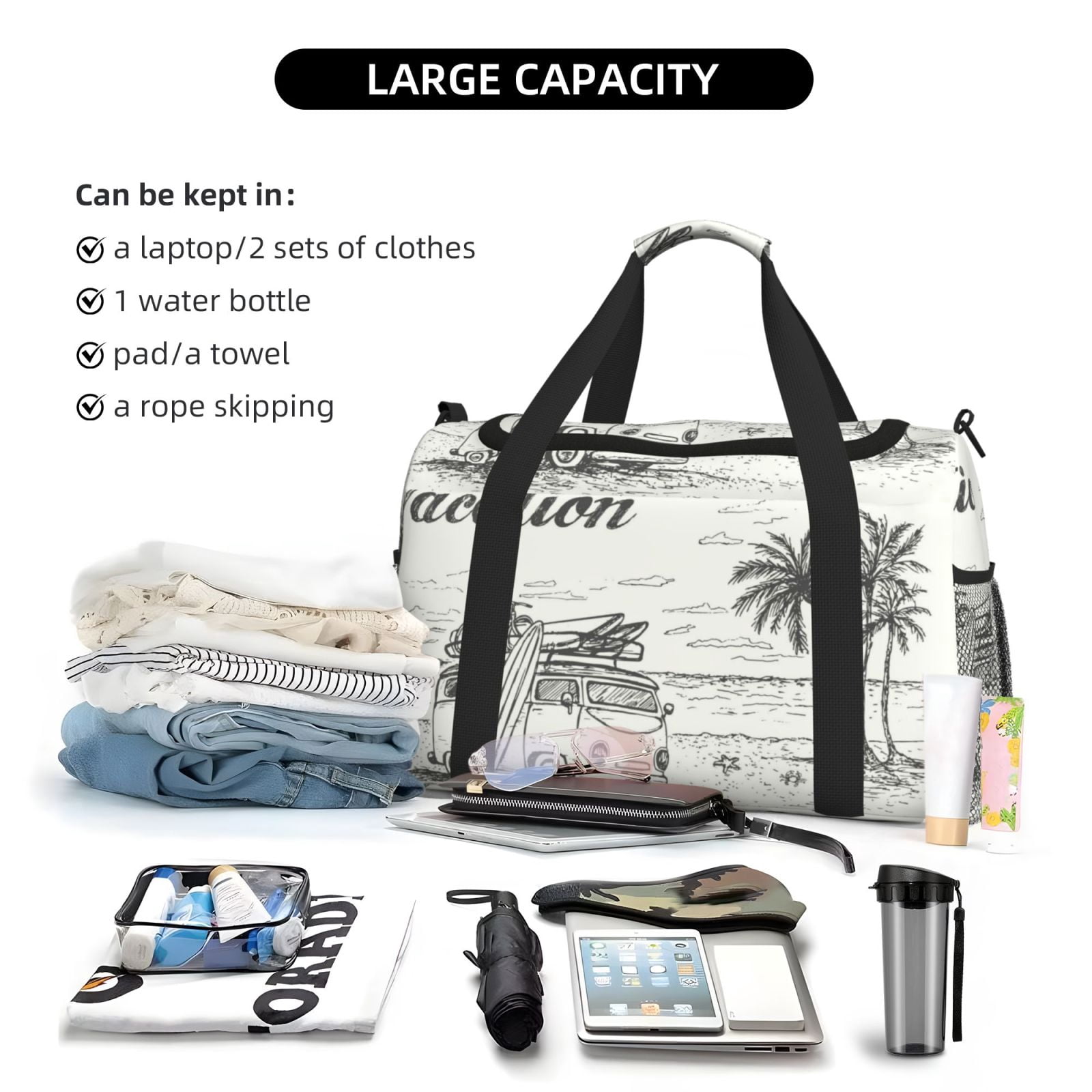 Fuzoiu Summer Vacation Scene With Camping Van Print Travel Duffle Bag,Carry On Tote Bags,Duffel Bag,Sport Gym Bag, Hospital Bag for Labor and Delivery, Overnight Bag,Luggage Bag