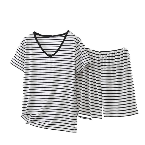 Bosfbaoi Plus Size 2 Piece Sets For Women Striped Short Sleeve V-Neck Top Elastic Waist Shorts Loungewear Sets Pajama Set