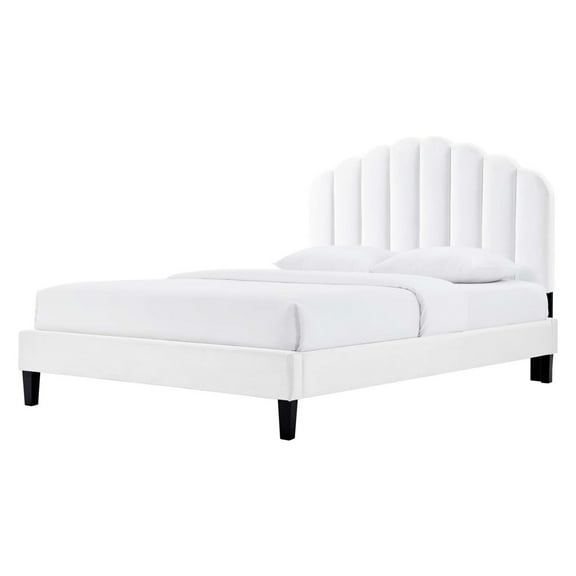 Platform Bed Frame, Tufted, Queen Size, White, Velvet, Bedroom, Modern Contemporary Boutique HB35172
