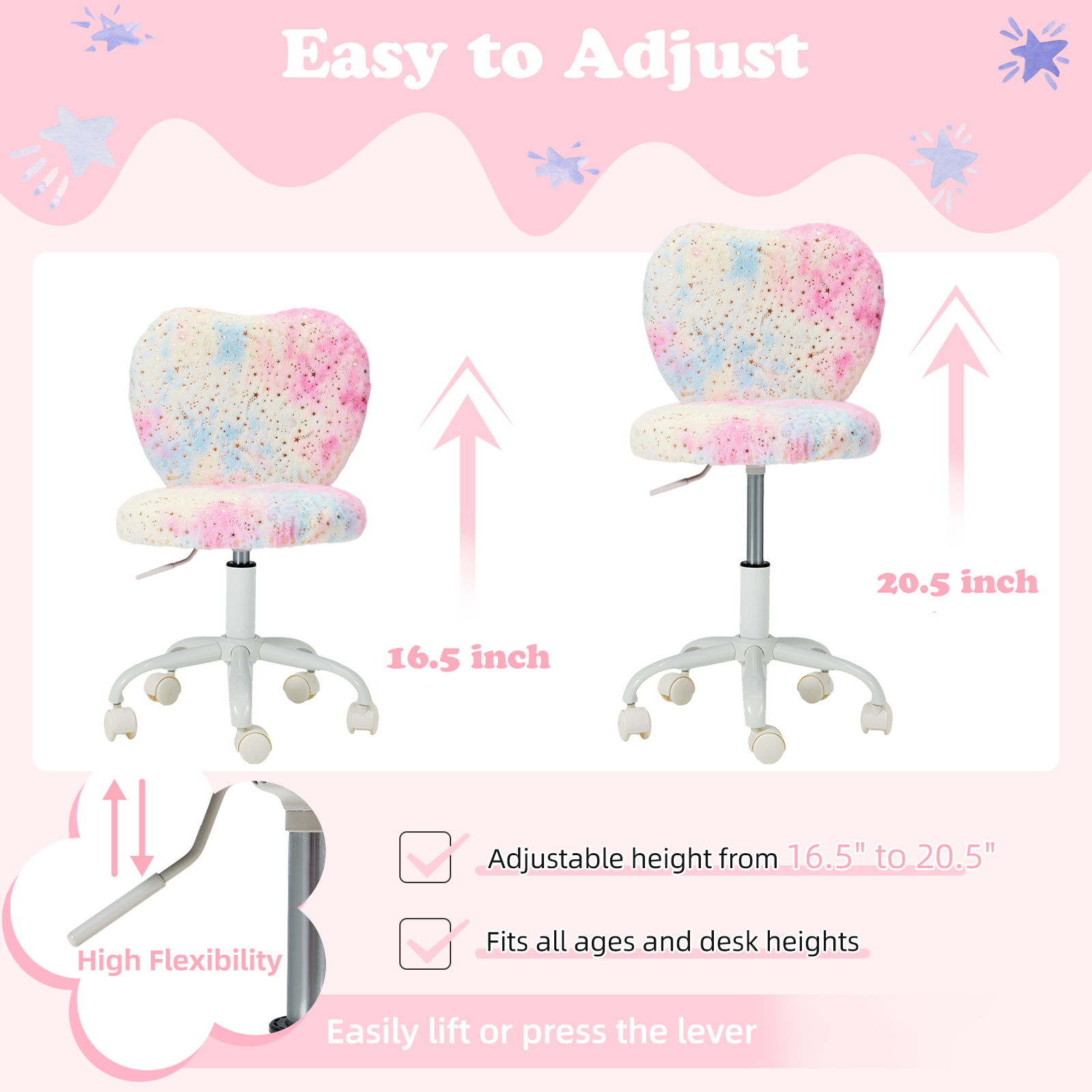 Vicluke Kids Desk Chair with Wheels Adorable Fluffy Girls Desk Chair with Heart-Shaped Backrest Design Adjustable Seat Height for Bedrooms & Study Rooms, Colorful