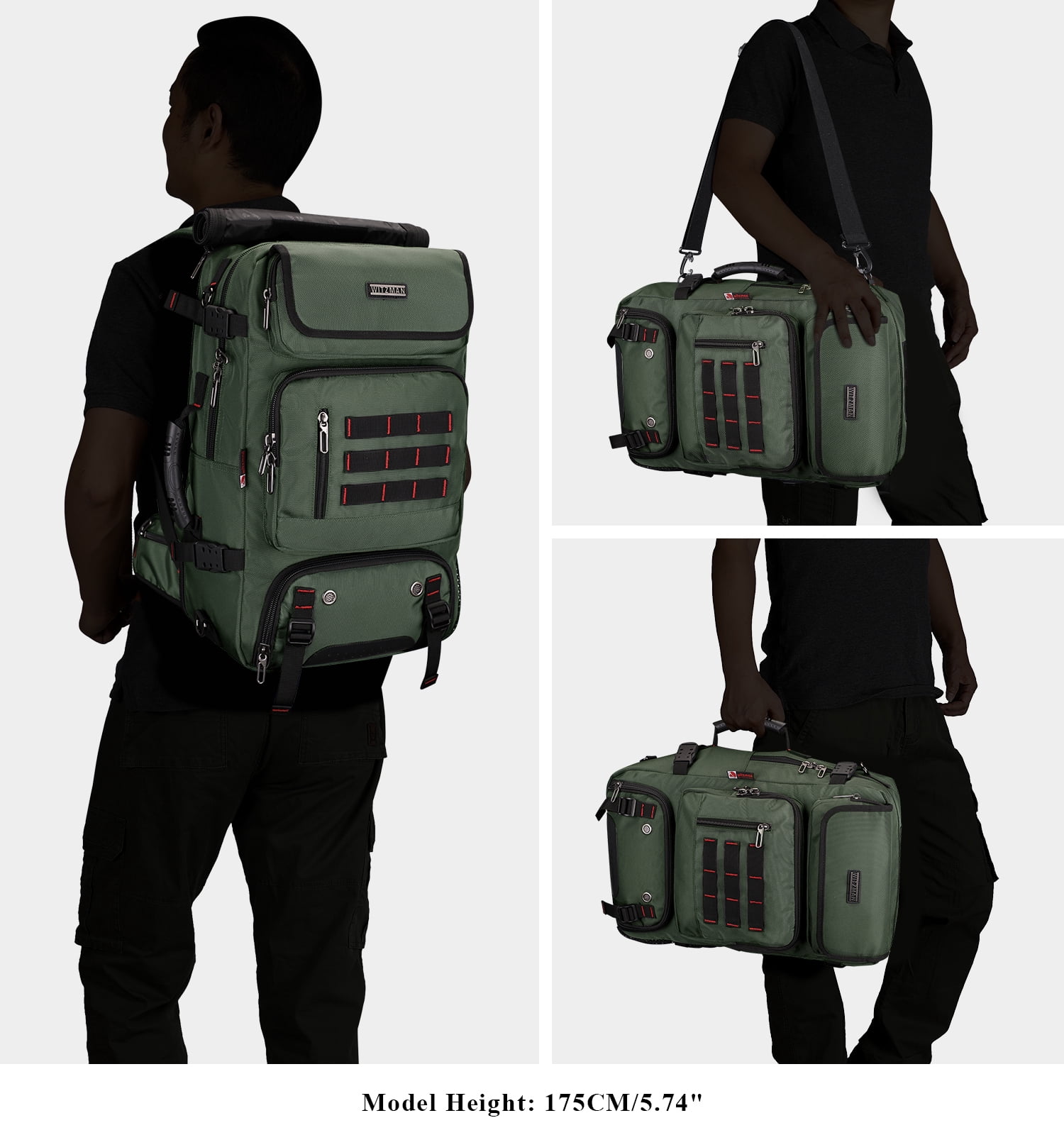 WITZMAN Carry on Travel Backpack for Men Airline Approved Convertible Nylon Duffle Backpack Luggage Bag(B682 Army Green)