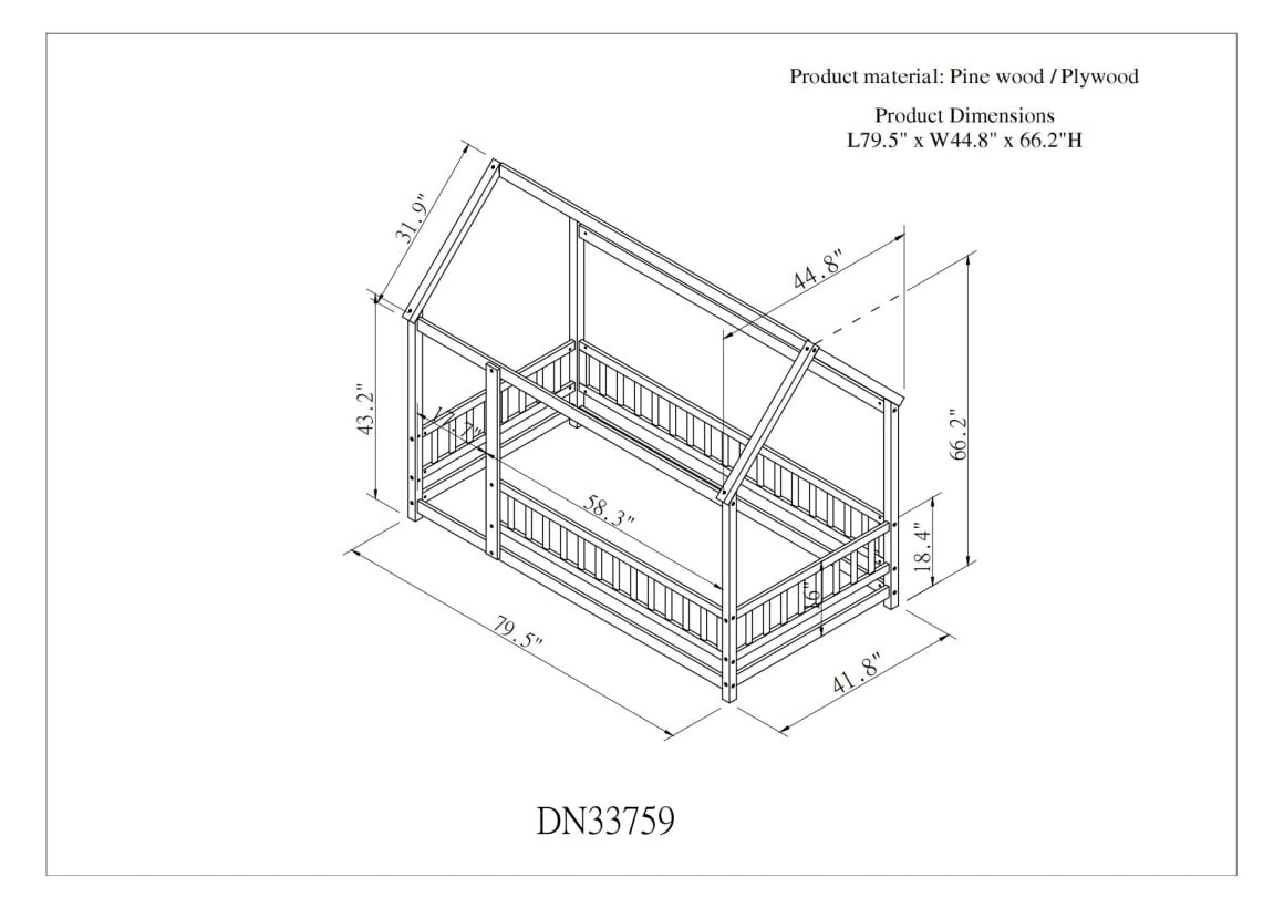 Twin Size Floor Bed Frame, Montessori Floor Bed with House Roof Frame and Fence Guardrails, Natural