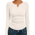 thumbnail image 2 of felwors Womens Long Sleeve Shirts 2025 Henley Casual Fall Outfits Fitted Tops Ribbed Fashion Basic Tees Beige, L, 2 of 5
