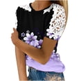 thumbnail image 1 of Camisas de Manga Corta para las Mujeres Impresión Cuello Redondo Suéter Encaje Blusa, Top Casual para el Hogar Y Diario, 1 of 9