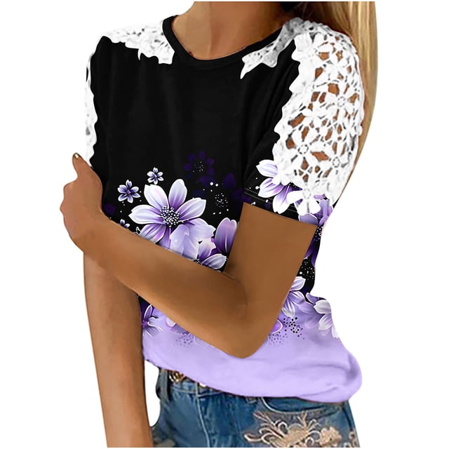 Camisas de Manga Corta para las Mujeres Impresión Cuello Redondo Suéter Encaje Blusa, Top Casual para el Hogar Y Diario