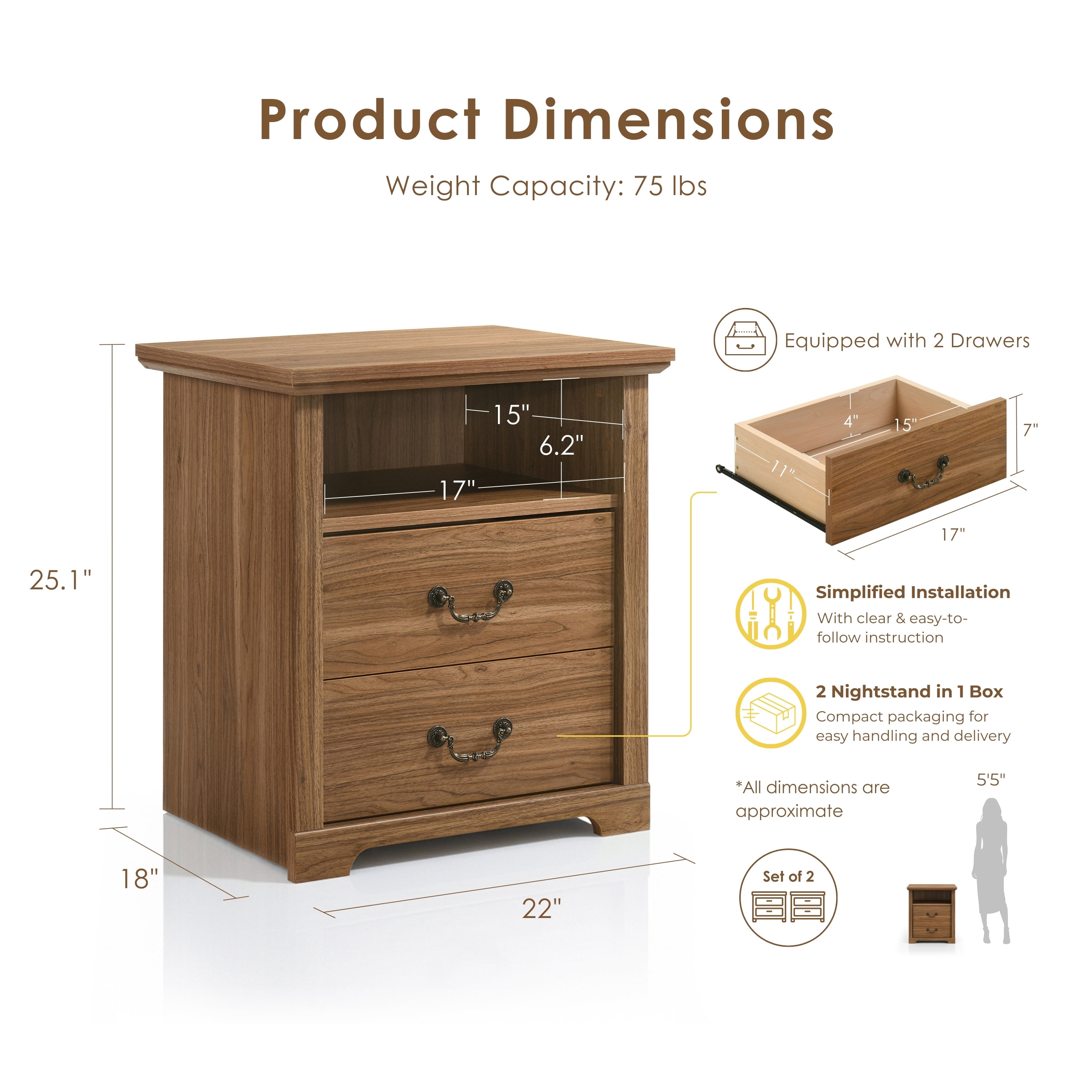 Furniture of America Chara Modern Wood 2-Drawer Kids Nightstands with Open Top Shelf, Set of 2, Walnut
