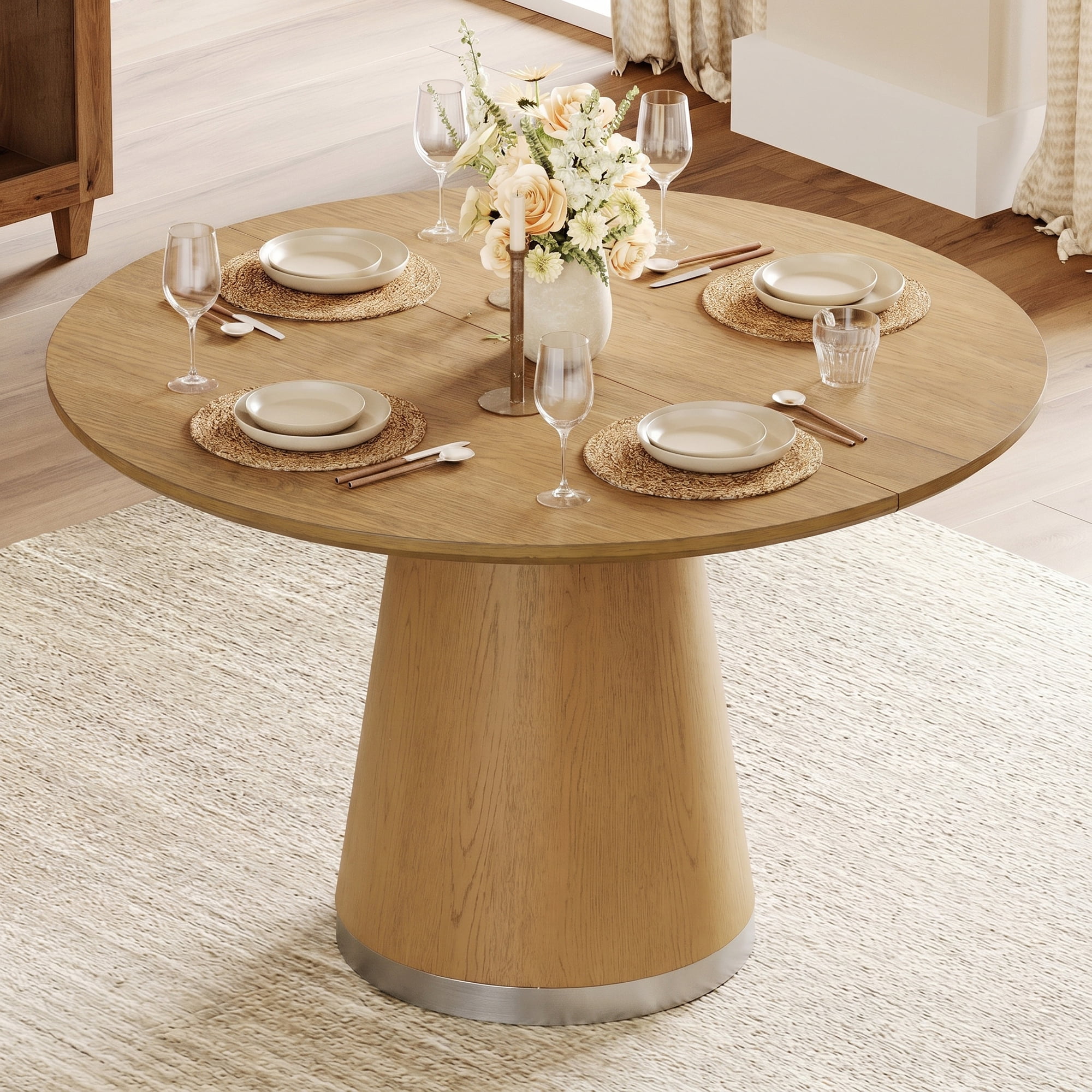 Wood Round Dining Table With Pedestal Base for 2-4, 43" Kitchen Table for Small Space, Apartment, Brown Wood Grain