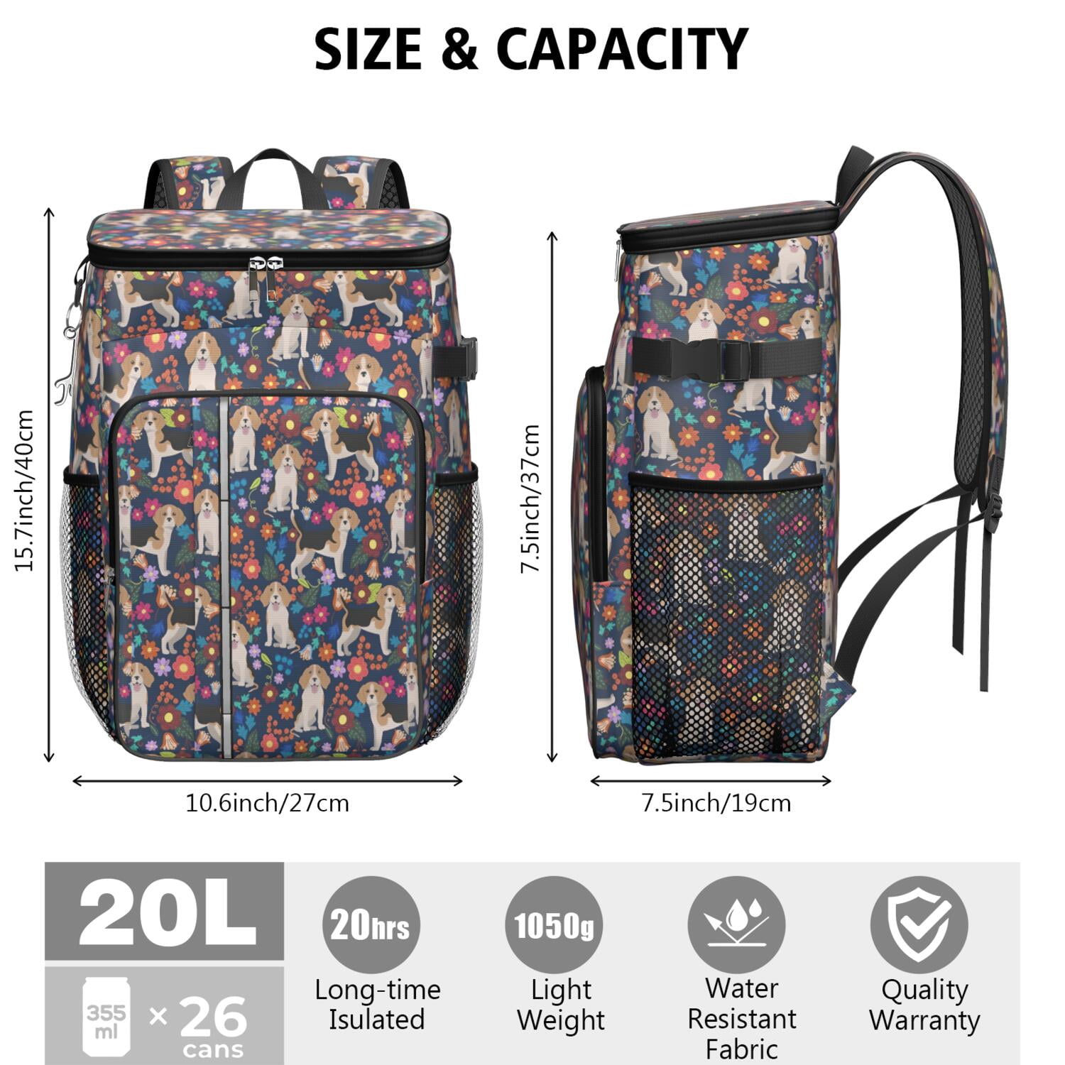 Travel Cooler Bag - Beagle Dog Dog and Flower Camping Beer Cooler Backpack with Bottle Opener- Waterproof Insulated Picnic Backpacks - Cooler Bag for Beach