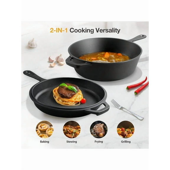 10 Inch Cast Iron Combo Cooker, 2-in-1 Dutch Oven and Skillet Set, Pre-Seasoned Cast Iron Pot with Frying Pan Lid for Indoor & Outdoor, 3 Qt