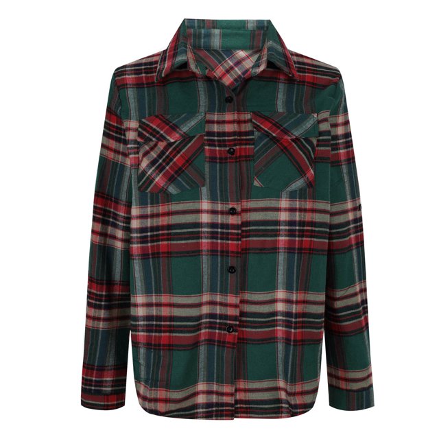 Gyedtr Women's Flannel Plaid Shirt Shacket Button Down Long Sleeve Shirts Collared Spring Work Blouse Business Casual Tops with Front Pocket Army Green 2X Summer Savings
