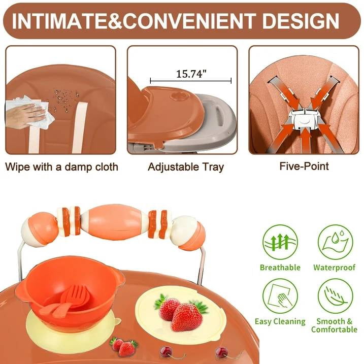 JieC Baby High Chair, 4 in 1 Convertible Highchair for Babies & Toddlers, Double Tray Dining Chair with 5-Point Harness & Silent Wheel,Brown