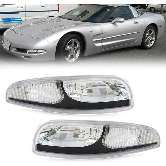 USR DEPO Vette C5 Turn Signal Lights - Front Bumper Signals Lamps Set (Left   Right) Compatible with 1997-2004 Chevy Corvette C5 All Models including Z06 (Black Housing Clear Lens)