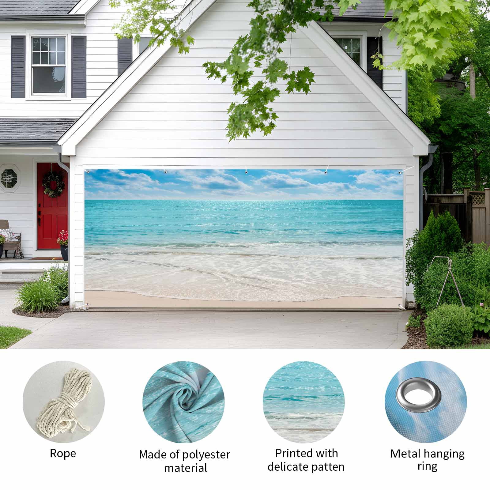 Summer Beach Garage Door Cover Banner 7 x 8 FT, Blue Coastal Ocean Seaside Nautical Garage Door Curtains Backdrop with Grommets for Indoor Outdoor Wall Party Porch Yard Decorations Background